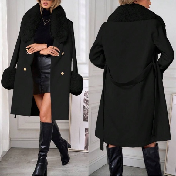 Classic Vegan Fur double breasted Knee Length Coat jacket - Picture 5 of 8